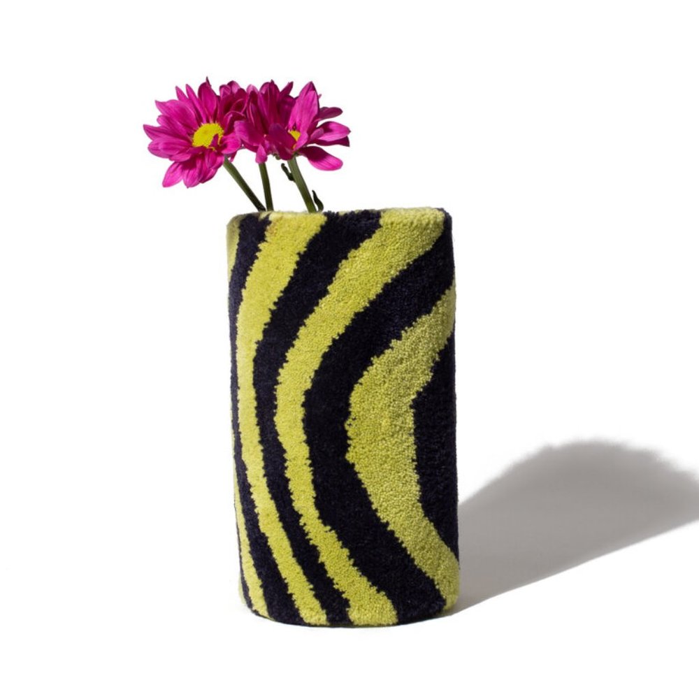 Ugly Rugly Tufted Vase Wool Carpet Green Black Funky Groovy Flowers Handmade
